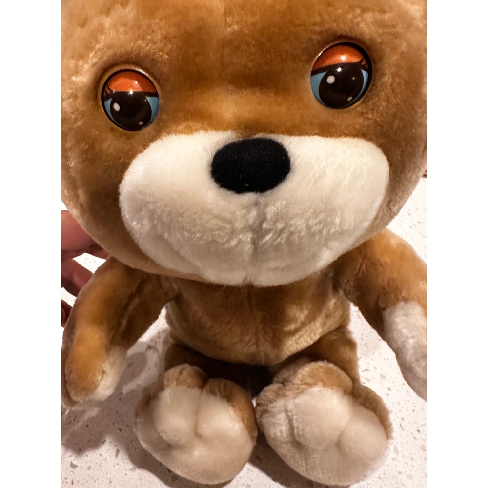 Vintage 1986 Hasbro Softies Googlies Plush Bear Rolling Eyes Blue Bow Brown 10in